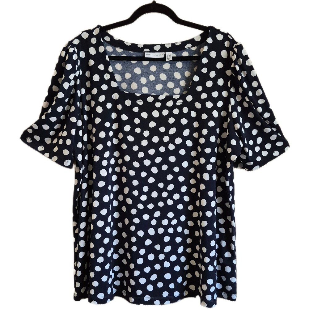 Susan Graver Women's Top Size 2X Black White Polka Dots Flattering Easy Care EUC